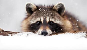 rouge Renard à la recherche à caméra dans neigeux forêt, mignonne portrait généré par ai photo