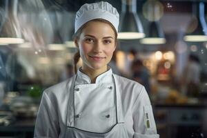 femme chef souriant dans de face de cuisine photo