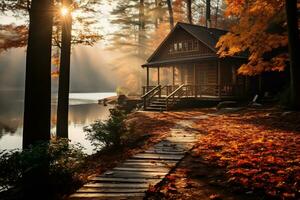 lever du soleil plus de une forêt paysage avec l'automne feuillage ai génératif photo