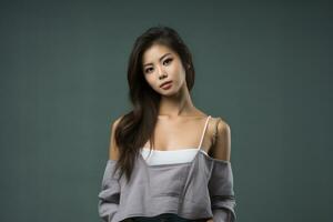 asiatique modèle dans décontractée vêtements posant dans plaine solide studio Contexte ai génératif photo