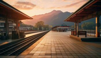 une silencieux train station avec une toile de fond de montagnes et pin des arbres ai génératif photo