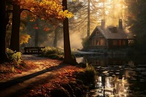 lever du soleil plus de une forêt paysage avec l'automne feuillage ai génératif photo