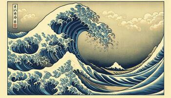 une dessin cette évoque le classique ukiyo-e bloc de bois impressions avec détaillé vague crête et tourbillonnant motifs. ai généré photo