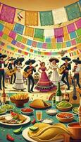 une vibrant fête avec gens dansant, papel picado bannières, et traditionnel mexicain plats. ai génératif photo