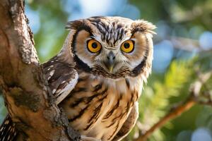 hibou perché sur une arbre branche dans la nature génératif ai photo