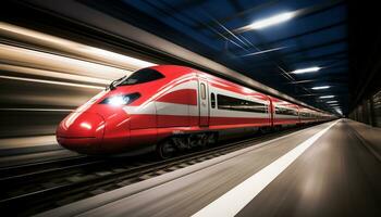 haute la vitesse les trains courses le long de le des pistes ai génératif photo