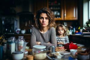 stressé Célibataire mère dans encombré cuisine Contexte avec vide espace pour texte photo