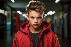 adolescent avec sombre expression dans école couloir isolé sur une pente Contexte photo