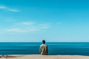 désolé individuel regarder en dehors à mer isolé sur une bleu pente Contexte photo