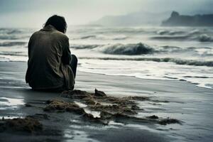 affligé individuel séance seul affichage tristesse sur un étrangement silencieux plage photo