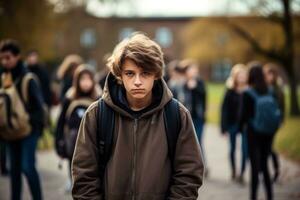 adolescent isolé affichage tristesse au milieu de animé école alentours photo