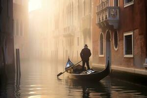 une gondolier gracieusement navigation une canal génératif ai photo