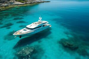 une luxe yacht ancré dans le cristal clair l'eau génératif ai photo