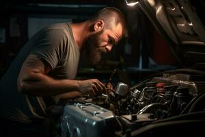 qualifié mécanicien travail dans automobile réparation magasin ai génératif photo