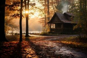 lever du soleil plus de une forêt paysage avec l'automne feuillage ai génératif photo