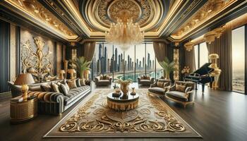 une somptueux vivant pièce intérieur inspiré par de Dubaï opulence, Achevée avec une vue de le Dubai ligne d'horizon. ai génératif photo