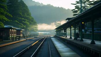 une silencieux train station avec une toile de fond de montagnes et pin des arbres ai génératif photo