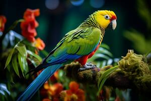 ara des oiseaux avec vibrant couleurs dans la nature génératif ai photo