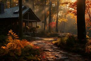 lever du soleil plus de une forêt paysage avec l'automne feuillage ai génératif photo