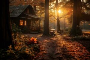 lever du soleil plus de une forêt paysage avec l'automne feuillage ai génératif photo