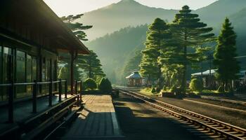 une silencieux train station avec une toile de fond de montagnes et pin des arbres ai génératif photo