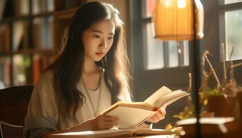 asiatique fille en train de lire une livre dans le bibliothèque photo