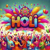 Holi fête scène. une diverse groupe de gens joyeusement lancement coloré poudres à chaque autre. ai génératif photo