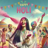Holi Festival scène avec diverse gens en riant et lancement coloré poudres à chaque autre. ai génératif photo