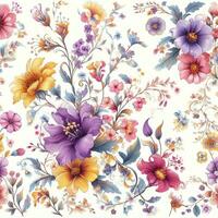 magnifique printemps floral sans couture motifs avec fleurs feuilles violet et rose sur blanc Contexte. main dessiner photo