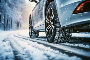 hiver pneu. voiture sur neige route. pneus sur neigeux Autoroute détail. génératif ai. photo