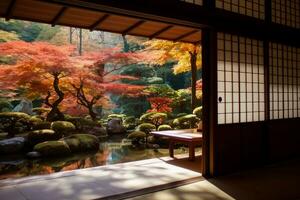 paysage de brillant érable feuillage dans le Cour jardin vu à travers le shoji fenêtre de une traditionnel Japonais tatami pièce sur une magnifique ensoleillé l'automne journée. génératif ai. photo