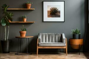 intérieur conception, gris fauteuil suivant à une en bois table dans vivant pièce intérieur avec plante et affiche. génératif ai. photo