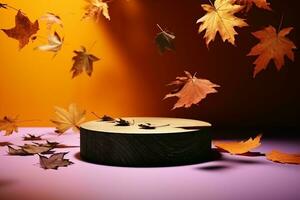 l'automne feuilles avec une rond en bois podium. génératif ai. photo