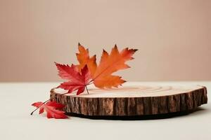 intérieur conception, en bois podium avec l'automne rouge feuilles, minimal esthétique Contexte pour produit présentation. établi génératif ai. photo