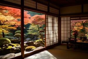 paysage de brillant érable feuillage dans le Cour jardin vu à travers le shoji fenêtre de une traditionnel Japonais tatami pièce sur une magnifique ensoleillé l'automne journée. génératif ai. photo