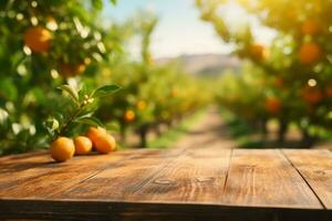 vide bois table avec gratuit espace plus de Orange des arbres, Orange champ Contexte. pour produit afficher montage. génératif ai. photo