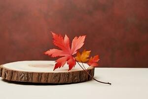 intérieur conception, en bois podium avec l'automne rouge feuilles, minimal esthétique Contexte pour produit présentation. établi génératif ai. photo