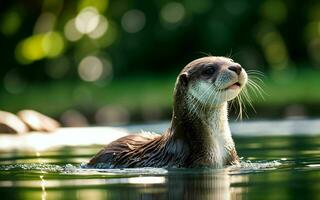 espiègle loutre plongée et éclabousser dans le clair comme de l'eau de roche Lac ai généré photo