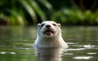 espiègle loutre plongée et éclabousser dans le clair comme de l'eau de roche Lac ai généré photo