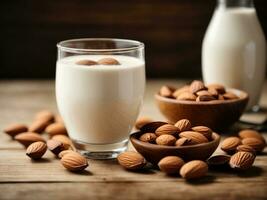 amande Lait dans verre et amandes dans bol. génératif ai photo