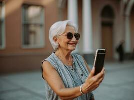 Sénior femmes prise selfie.ai génératif photo