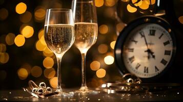 ai génératif Nouveau ans veille Champagne avec bokeh lumière et l'horloge photo