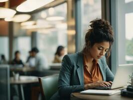 Jeune femmes travail sur portable. ai génératif photo