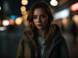 fermer portrait sur magnifique femmes à éclairant lumière à nuit.ai génératif photo