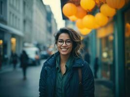 magnifique Jeune souriant femmes permanent Extérieur. ai génératif photo