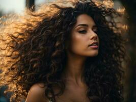 portrait de magnifique femme avec longue frisé cheveux, soufflant cheveux dans le air. ai génératif photo