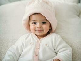 mignonne petit bébé sur blanc lit. ai génératif photo