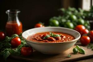 épicé tomate curry dans blanc bol conservé sur tableau. génératif ai photo