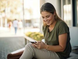 content souriant femmes en utilisant mobile sièges sur canapé. génératif ai photo