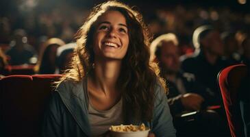 Jeune femme en train de regarder film dans cinéma. fille en mangeant pop corn et souriant. ai généré photo